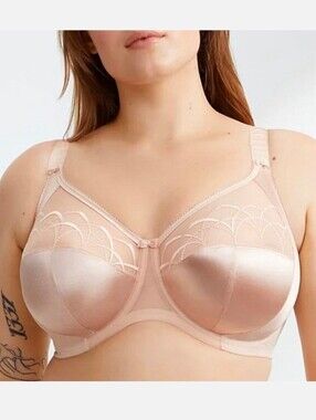 ELOMI Cate Full Cup Banded Side Support Bra US 34O Latte Satin Embroidered